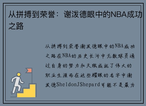 从拼搏到荣誉：谢泼德眼中的NBA成功之路