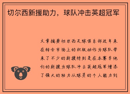 切尔西新援助力，球队冲击英超冠军